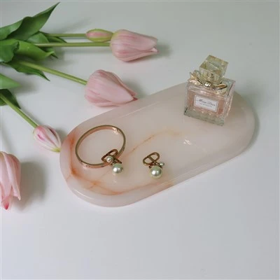 Plateau ovale en jade blanc à fleur rouge